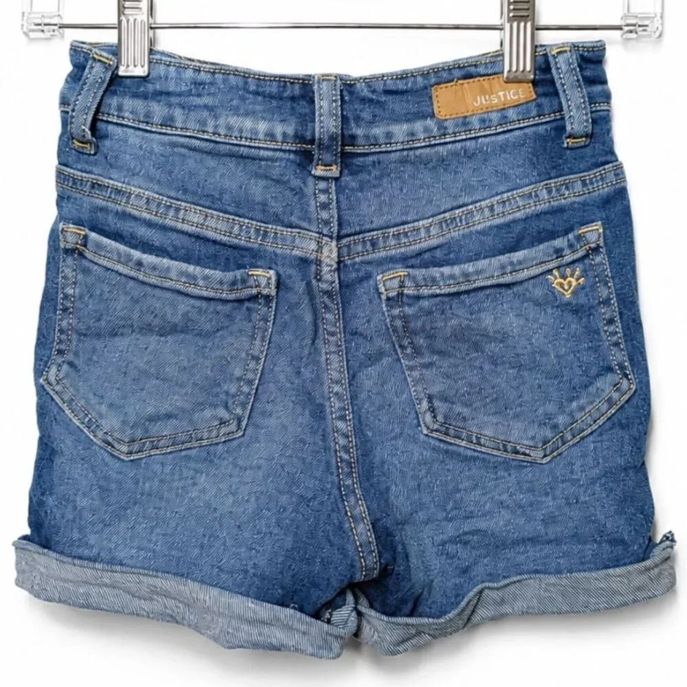 Justice Girls 10 Embroidered Distressed Denim Shorts Blue Cuffed Stretch Floral